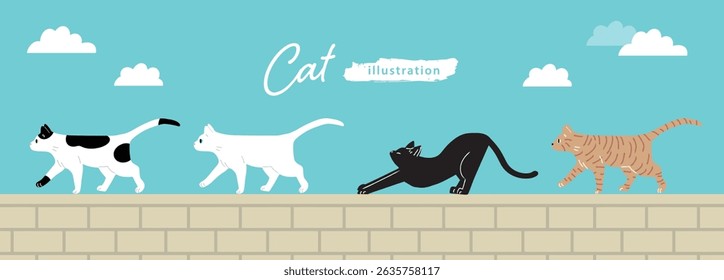 A simple illustration of cats walking on a fence