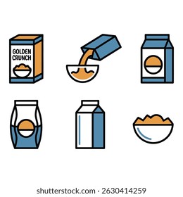 Ilustração Simples de Etapas de Preparação de Cereais e Leite