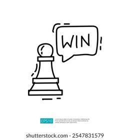 A simple illustration of a chess pawn with a speech bubble saying "WIN," symbolizing victory and strategy in games.