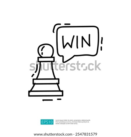 A simple illustration of a chess pawn with a speech bubble saying "WIN," symbolizing victory and strategy in games.