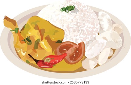 Simple Illustration of Chicken Rice with Garnish