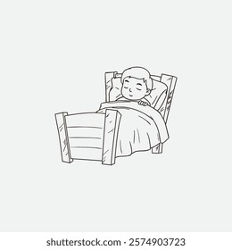 A simple illustration of a child sleeping comfortably under a blanket on a wooden bed. The peaceful expression evokes a sense of tranquility, restfulness, and relaxation in a serene environment.