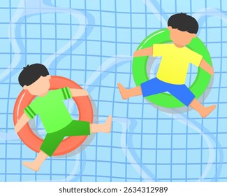 simple illustration of children floating on swim rings in a pool. summer activities. summer holiday. summer vacation. 