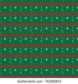 Simple illustration Christmas pattern with snowflakes and red zigzag lines on green background, for gift wrapping paper