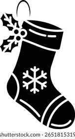 A simple illustration of a Christmas stocking with holly and a snowflake design vector icon solid style. Perfect for Christmas cards or decorations.