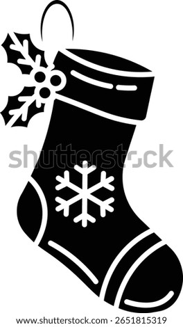 A simple illustration of a Christmas stocking with holly and a snowflake design vector icon solid style. Perfect for Christmas cards or decorations.