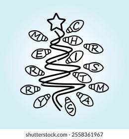 A simple illustration of a Christmas tree made of lightbulbs spelling Merry Christmas