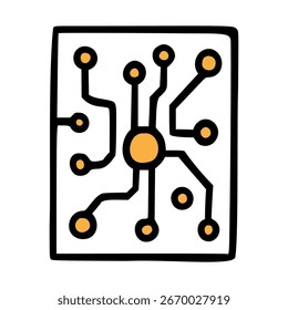 Una ilustración simple de una placa de circuito con líneas y nodos interconectados. El diseño presenta un círculo naranja central con líneas negras que irradian hacia afuera.