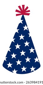 Simple illustration of a classic blue party hat with white stars and a red top, perfect for representing celebrations and festivities related to United States holidays