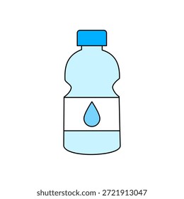 Einfache Illustration einer klaren Plastikflasche mit blauer Kappe und Wassertropfenetikett. Sauberes, minimalistisches Design auf weißem Hintergrund. Hydratationskonzept.
