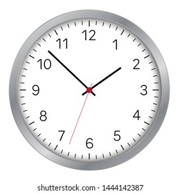 Simple illustration of clock face with minute, hour and second hand and red center with numbers. Metal circular trim. Isolated on white background - vector