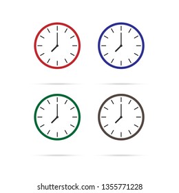 Simple illustration of clock with hour, minute and second arrows, isolated on white background, with long shadow. Can be used as icon. Vector illustration