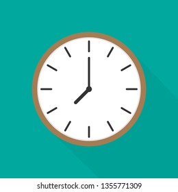 Simple illustration of clock with hour, minute and second arrows, isolated on white background, with long shadow. Can be used as icon. Vector illustration