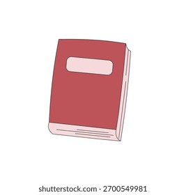Ilustración simple de un libro cerrado y rojo con una etiqueta en blanco. Diseño limpio y minimalista. Ideal para la educación, la lectura o los conceptos relacionados con el conocimiento. Aislado en blanco.