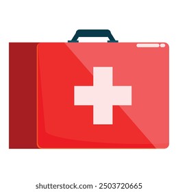 Simple illustration of a closed red first aid kit, featuring a prominent white cross symbol, conveying a sense of medical preparedness and safety