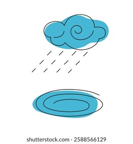 Simple illustration of a cloud with rain and a puddle on a white background