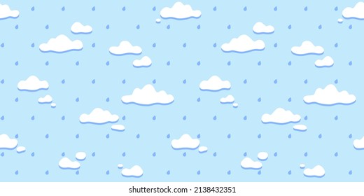 Simple illustration with clouds and rain drops. Contour vector pattern for prints, clothing, packaging, postcard. Cute vector background.