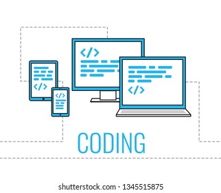 Simple illustration for coding web site. Vector icons electronic devices. smartphone, tablet, laptop and desktop computer. thin line icon.