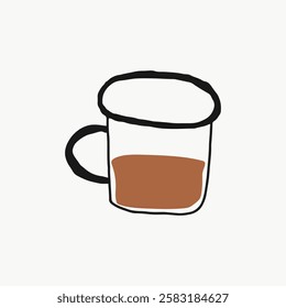 Simple illustration of a coffee cup with a handle. The coffee cup is filled with brown coffee. Minimalist coffee cup design on a plain background. Simple line art vector.