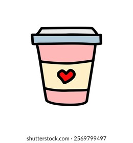 a simple illustration of a coffee cup with a lid. The cup is pink and cream-colored, with a small red heart in the center. The style is playful and cartoon-like, vector illustration 