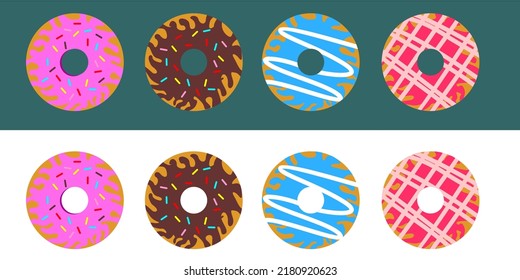 simple illustration of colorful donut ornaments in various flavors, chocolate flavor, strawberry flavor and many more.