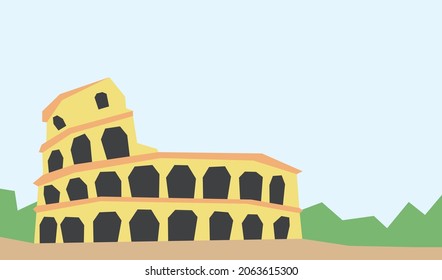 Simple illustration of Colosseum between some green leaves and some copy space area