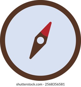 Simple illustration of a compass with a circular shape, brown border, light blue background, and a compass needle with one end red and the other brown