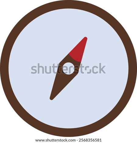 Simple illustration of a compass with a circular shape, brown border, light blue background, and a compass needle with one end red and the other brown