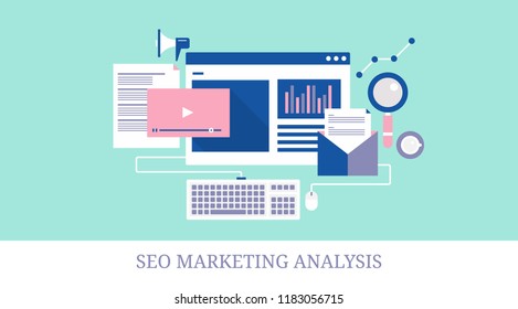 Simple illustration concept  - SEO marketing, business SEO analysis, Content website flat vector banner