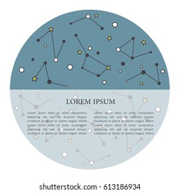 Simple illustration with constellations and text, blank design. Colorful background vector. Creative template. Thin line icons, flat style. Decorative backdrop