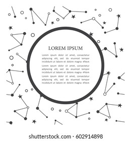 Simple illustration with constellations and text, poster design. Black and white background vector. Creative template. Flat thin line icons, astronomy
