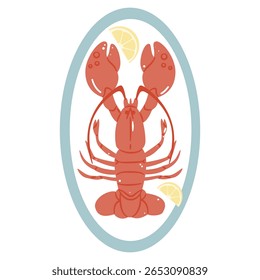 Ilustração simples de uma lagosta cozida em um prato com fatias de limão, perfeito para temas de frutos do mar e comida gourmet.