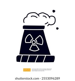 A simple illustration of a cooling tower emitting steam, featuring a radiation symbol, representing nuclear energy and its environmental implications.