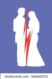 Simple illustration of couple breaking up. Divorce concept art. Blue poster with two white figures and a red scar, lightning  bolt shape. Vector poster EPS 8.