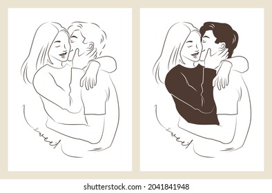 Simple illustration of a couple in love hugging and kissing with handwritten font. Good for postcard or as illustration for posts.