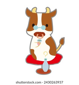 Simple illustration of a cow drinking from a sake cup