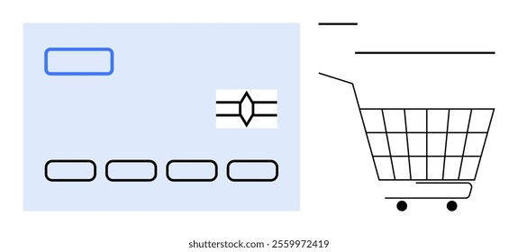 Simple illustration of a credit card next to a shopping cart. Ideal for online payments, e-commerce, digital banking, retail shopping, and financial transactions. Modern minimal style