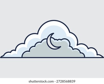 Simple illustration of a crescent moon behind a gray cloud