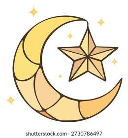 simple illustration of a crescent moon and star in a stained glass style pastel color on a white background. Ramadan Muslim symbol