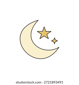 Ilustración simple de una luna creciente y dos estrellas. Tonos amarillos suaves y apagados sobre un fondo blanco limpio. Minimalista, celestial y onírico.