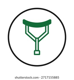 Se presenta una ilustración simple de una muleta dentro de un marco circular, que representa la asistencia médica para la movilidad. Simboliza rehabilitación, fisioterapia y Asistencia ortopédica, ofreciendo