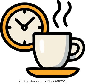 A simple illustration of a cup of hot beverage, likely coffee or tea, and a wall clock