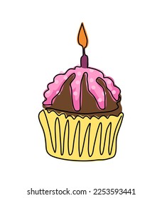 A simple illustration of a cupcake with a candle. birthday cupcake.