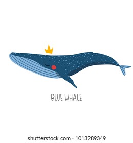 simple illustration of cute cartoon blue whale on white background. can be used like sticker or for baby showers cards templates and posters