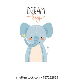 simple illustration of cute cartoon elephant on white background with text. can be used for cards or party invitations templates