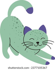 Simple illustration of cute green cat with spots on its back and blue ears. Vector illustration of a cat. The cat stretches. Spotted cat. Illustrations in a minimalistic style. Cats in a simple style