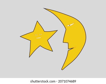 Simple illustration of cute moon and star cartoon