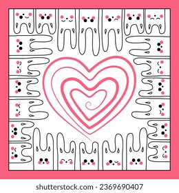 Simple illustration with cute rabbits around heart in doodle style.