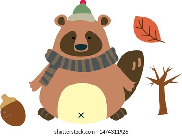 Simple illustration of cute raccoon in winter