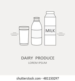 Simple illustration with dairy produce, poster design. Set of dairy products, background vector. Flat thin line icon, modern style. Black and white emblem